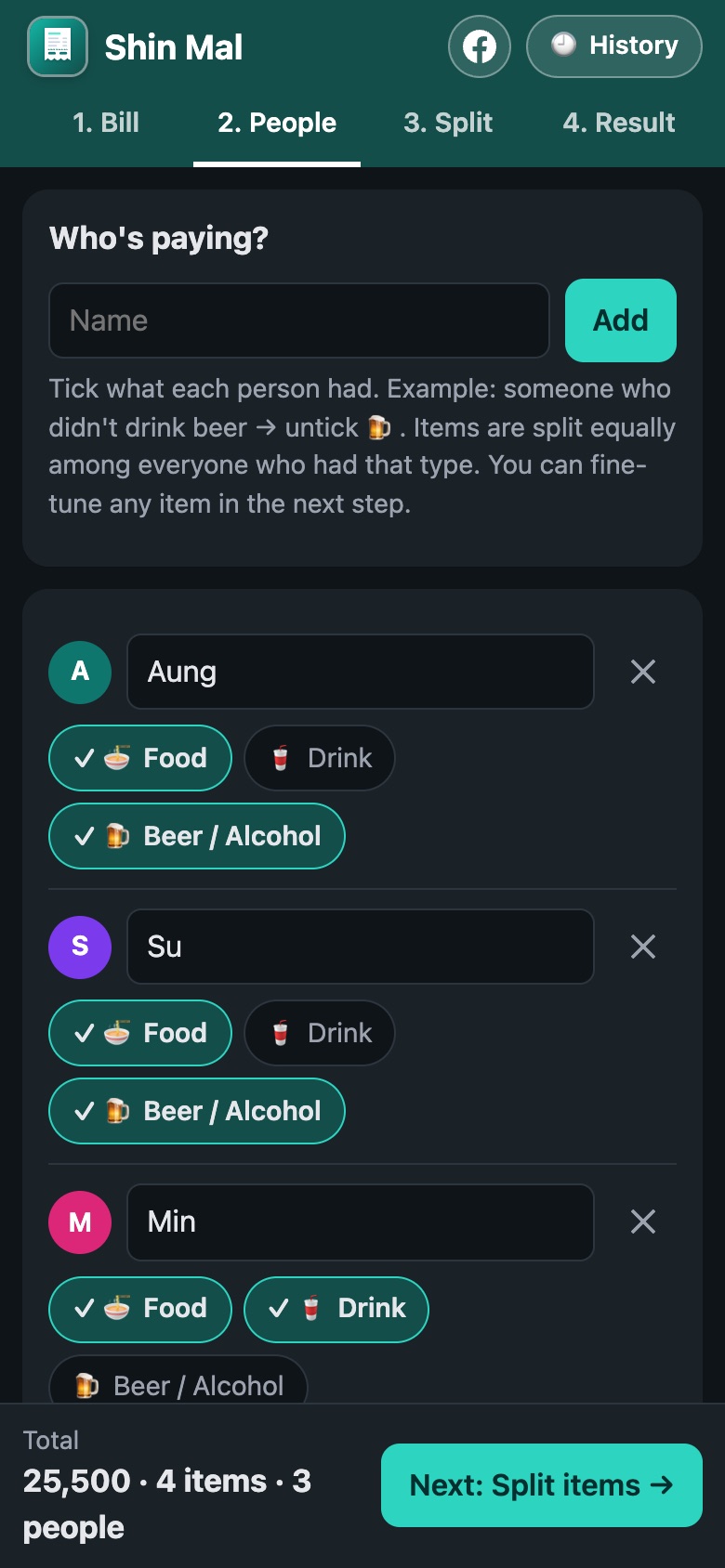 Shin Mal People screen: ticking who had food, drinks or beer